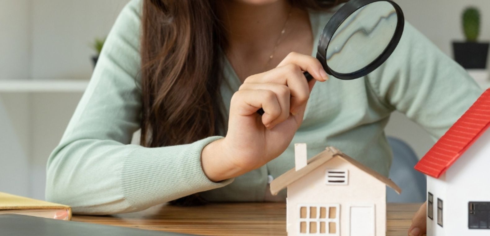 Mujer feliz revisando con lupa casas diferentes tipos de propiedades ofrecidas por Tu Casa Más para invertir en bienes raíces.